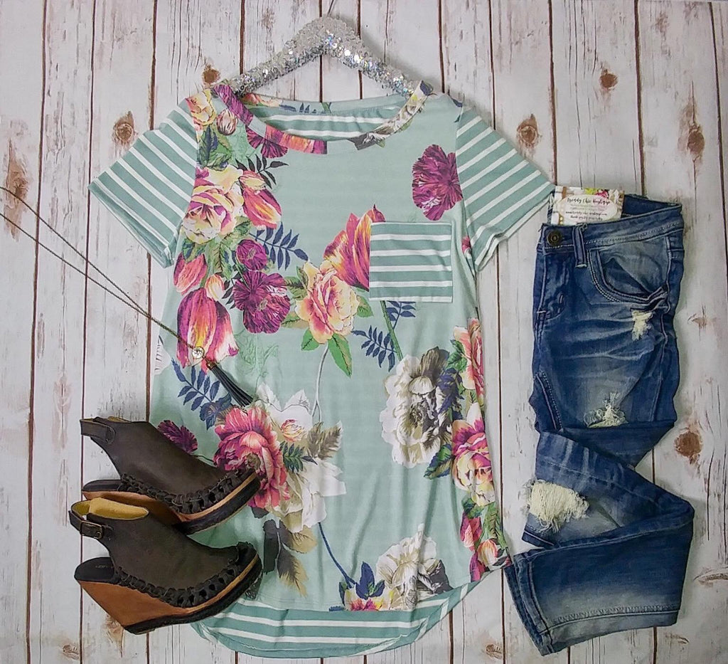 Floral Top with Striped Sleeves