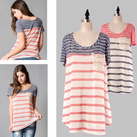 Women's - Coral and Navy Striped Top