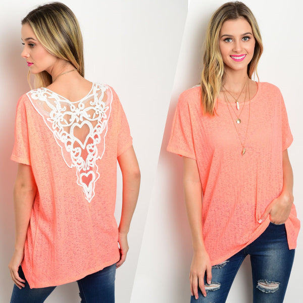 Women's - Neon Coral Lace Top